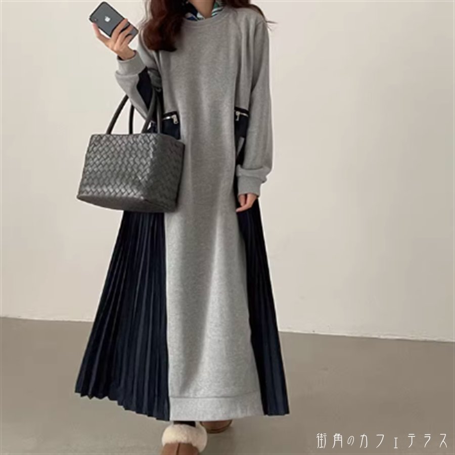 樂天商城 - ロングワンピ 2色 マキシ 大きい ゆったり ゆる オーバーサイズ プラスサイズ 長袖 Uネック ハイネック Aライン フレア ドレープ 異素材切り替え ドッキング 可愛い 大人可愛い シンプル カジュアル コンサバ おしゃれ お洒落 こなれ感 高見え 無地 秋 冬 レディース 女性用