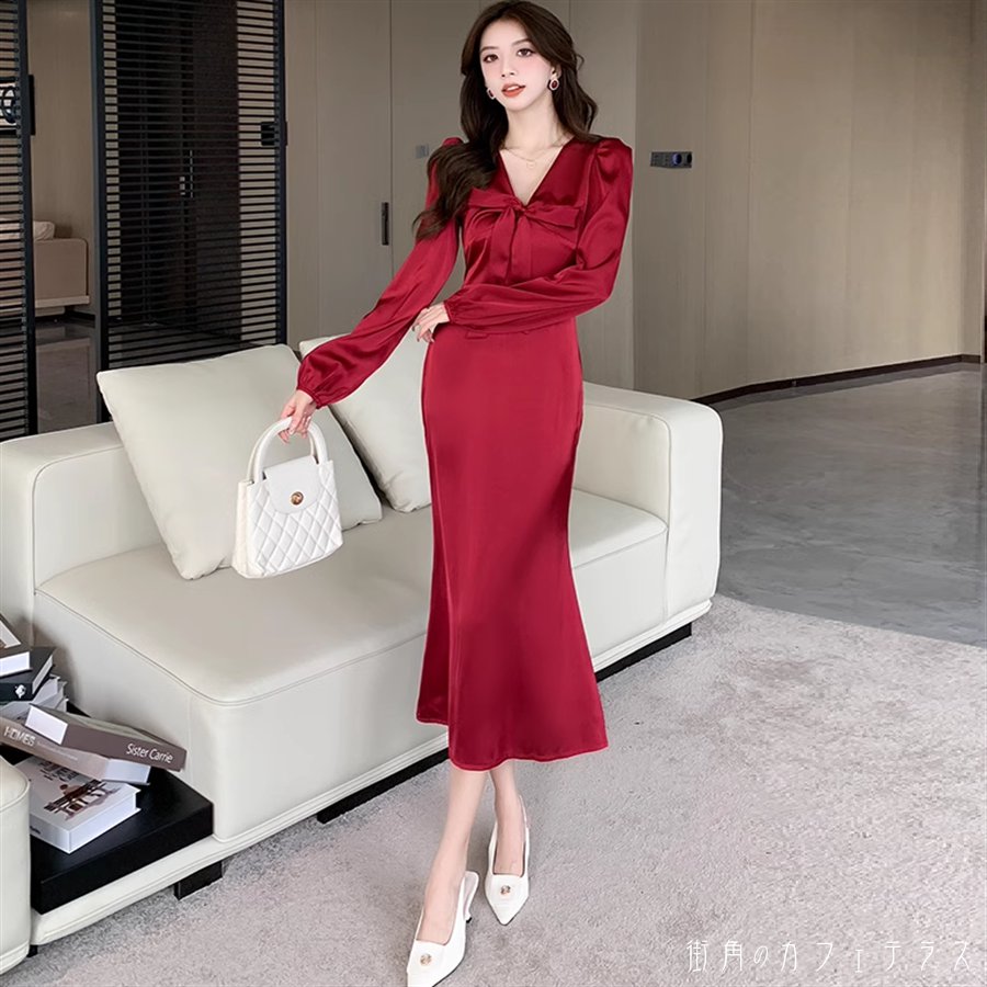 樂天商城 - ロングドレス 2色 ワンピース 衣装 マーメイド マキシ 長袖 Vネック Aライン フレア リボン エレガント 可愛い 大人可愛い きれいめ シンプル カジュアル シック コンサバ 華やか 大人 上品 おしゃれ お洒落 主役級 こなれ感 高見え 高級感 無地 秋 冬 20代 30代 40代