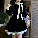 レディース ワンピース モノトーン Aライン ミニ丈 ショート丈 モノトーン リボン キュート スウィート 大人かわいい レトロ カラー切り替え 長袖 ブラック 20代 30代 40代 通勤 通学 オフィス お出掛け 女子会 お呼ばれ 秋冬