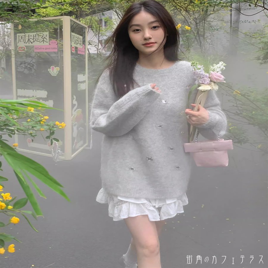 セーター トップス ロング丈 大きい ゆる 長袖 萌え袖 Uネック Aライン フレア プルオーバー キラキラ ビジュー ニット 厚手生地 かわいい 大人可愛い 大人女子 こなれ感 シンプル カジュアル 大人 上品 おしゃれ お洒落 ラフ コンサバ フェミニン ガーリー 無地 秋 冬 20代 machicafe-10022950 街角のカフェテラス 楽天市場店 サンプル画像3