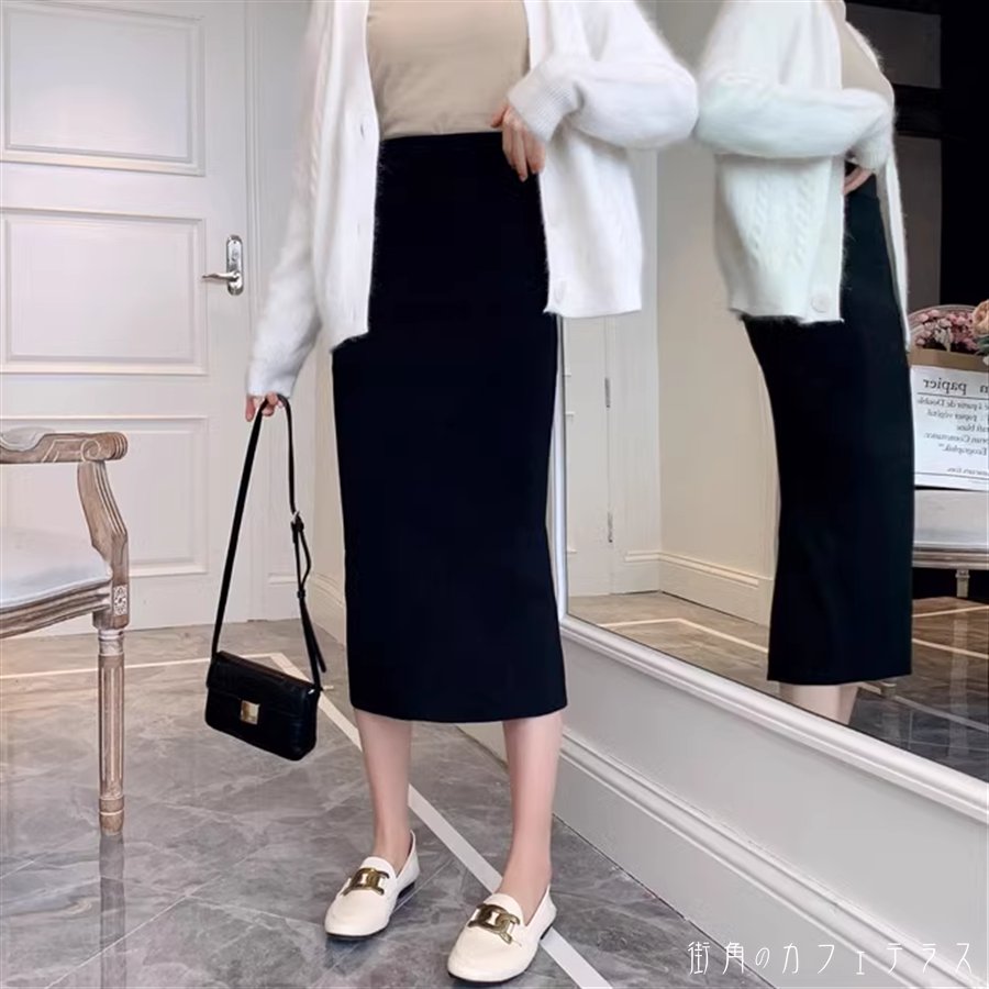 ロングスカート 3色 ペンシルスカート マキシ丈 ストレート Iライン ハイウエスト 伸縮性 ウエストゴム 厚手 ニット かわいい 大人可愛い きれいめ シンプル カジュアル 大人 上品 おしゃれ お洒落 こなれ感 コンサバ系 ラフ 抜け感 レディライク 無地 冬 誕生日会 20代 30代