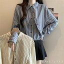 レディース トップス ストライプ ショート丈 クロップド ゆったり 体型カバー こなれ感 シンプル カジュアル 大人かわいい ふんわり袖 長袖 ブルー アイボリー 20代 30代 40代 通勤 通学 オフィス お出掛け 女子会 お呼ばれ 春秋冬|詳細画像