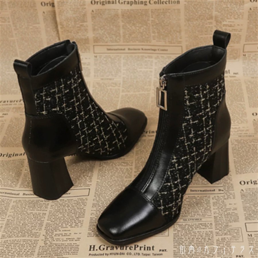 ブーツ 靴 シューズ チャンキーヒール ハイヒール スクエアトゥ 飾り 異素材切り替え ドッキング 厚手..