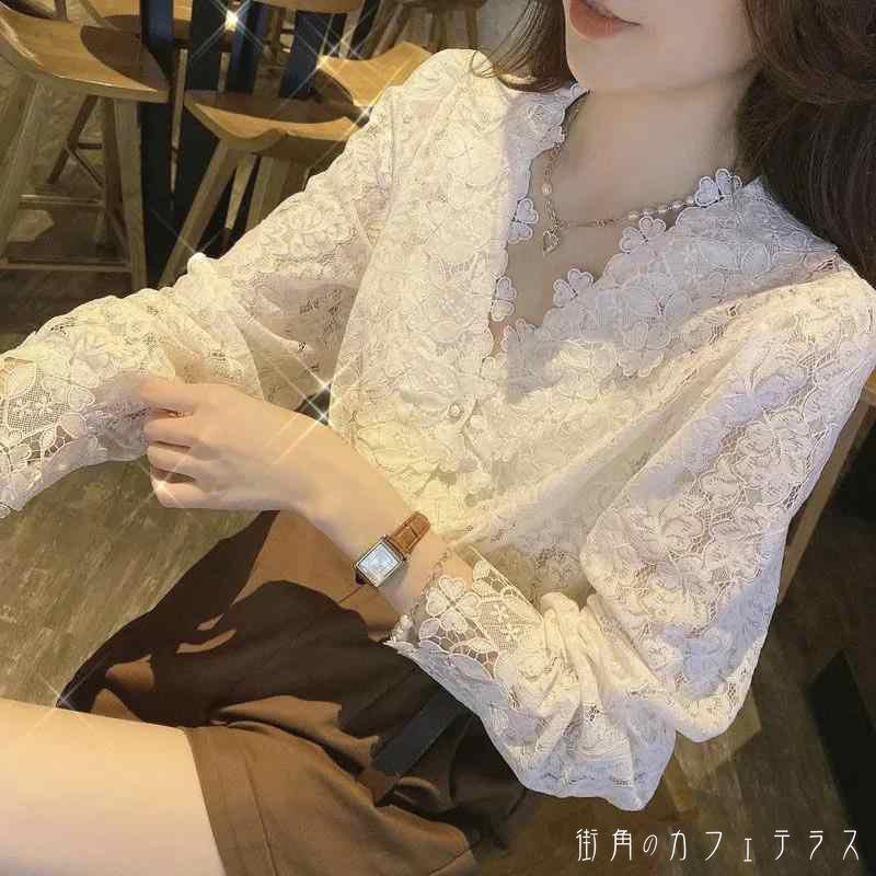 樂天商城 - レディース トップス ブラウス レース Vネック ふんわり袖 上品 大人可愛い シンプル カジュアル きれいめ 体型カバー スタイルアップ フェミニン 長袖 ベージュ ブラック 黒20代 30代 40代 通勤 通学 オフィス お出掛け 女子会 お呼ばれ 秋冬