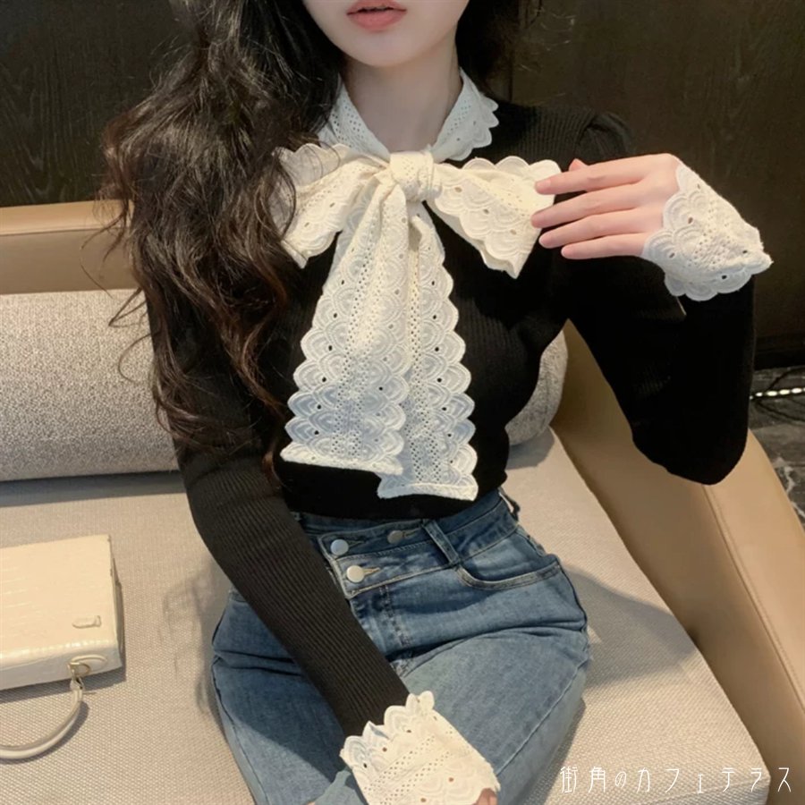 V-Neck - セーター トップス 長袖 Vネック Aライン フレア プルオーバー リボン レース 異素材切り替え ドッキング かわいい 大人可愛い 大人女子 こなれ感 シンプル カジュアル 大人 上品 おしゃれ お洒落 コンサバ エレガント シック デート お出かけ お茶会 女子会 休日 授業参観