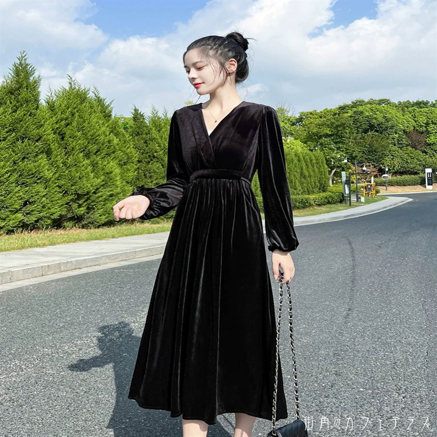 樂天商城 - ロングワンピ マキシ 長袖 Vネック Aライン フレア ベロア 厚手生地 エレガント 可愛い 大人可愛い きれいめ シンプル カジュアル シック コンサバ 華やか 大人 上品 おしゃれ お洒落 主役級 こなれ感 高見え 高級感 無地 レディース 女性用 ママ 10代 20代 30代 40代 冬