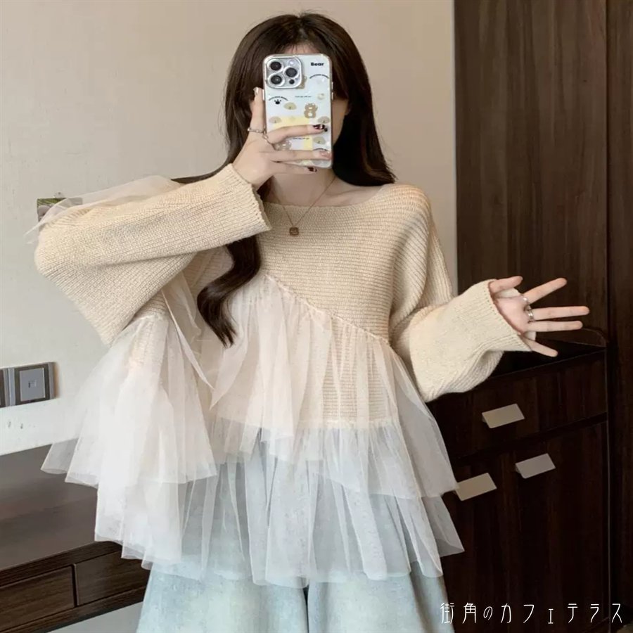 トップス セーター ロング丈 チュニック ゆったり 長袖 Uネック ラウンドネック Aライン フレア プルオーバー フリル 異素材切り替え ドッキング 透け感 ニット 厚手生地 無地 かわいい 大人可愛い シンプル カジュアル 大人 上品 おしゃれ お洒落 ラフ フェミニン ガーリー machicafe-10023547 街角のカフェテラス 楽天市場店 サンプル画像3