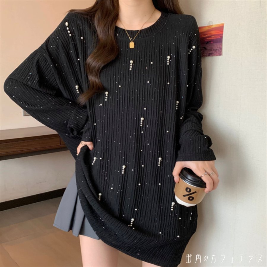 樂天商城 - セーター 2色 ロング丈 チュニック 大きい ゆったり ゆる オーバーサイズ プラスサイズ ぽっちゃり 長袖 萌え袖 Aライン フレア プルオーバー ビジュー装飾 パール 無地 かわいい 大人可愛い 大人女子 こなれ感 シンプル カジュアル 大人 上品 おしゃれ お洒落 ラフ コンサバ