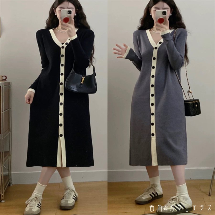 ロングワンピ 2色 マキシ 大きい ゆったり ゆる オーバーサイズ プラスサイズ ぽっちゃり 長袖 Vネック Aライン フレア ボタン 伸縮性 ニット 可愛い 大人可愛い きれいめ シンプル カジュアル シック コンサバ 華やか 大人 上品 おしゃれ お洒落 こなれ感 ガーリー 無地 冬