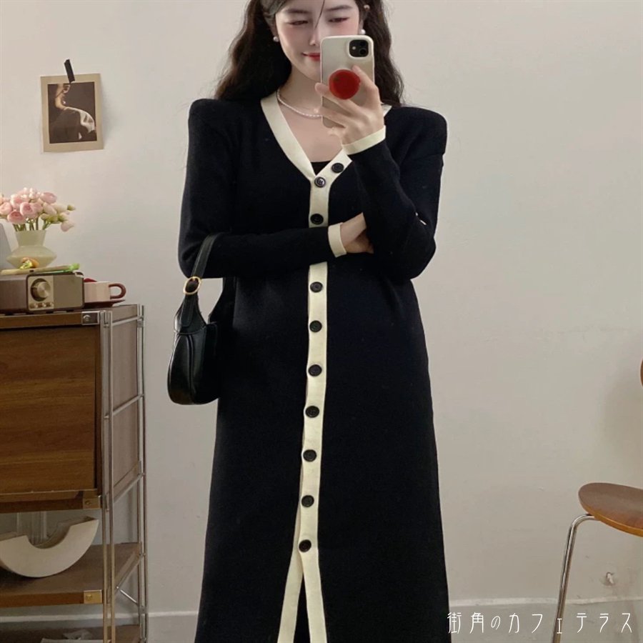 ロングワンピ 2色 マキシ 大きい ゆったり ゆる オーバーサイズ プラスサイズ ぽっちゃり 長袖 Vネック Aライン フレア ボタン 伸縮性 ニット 可愛い 大人可愛い きれいめ シンプル カジュアル シック コンサバ 華やか 大人 上品 おしゃれ お洒落 こなれ感 ガーリー 無地 冬