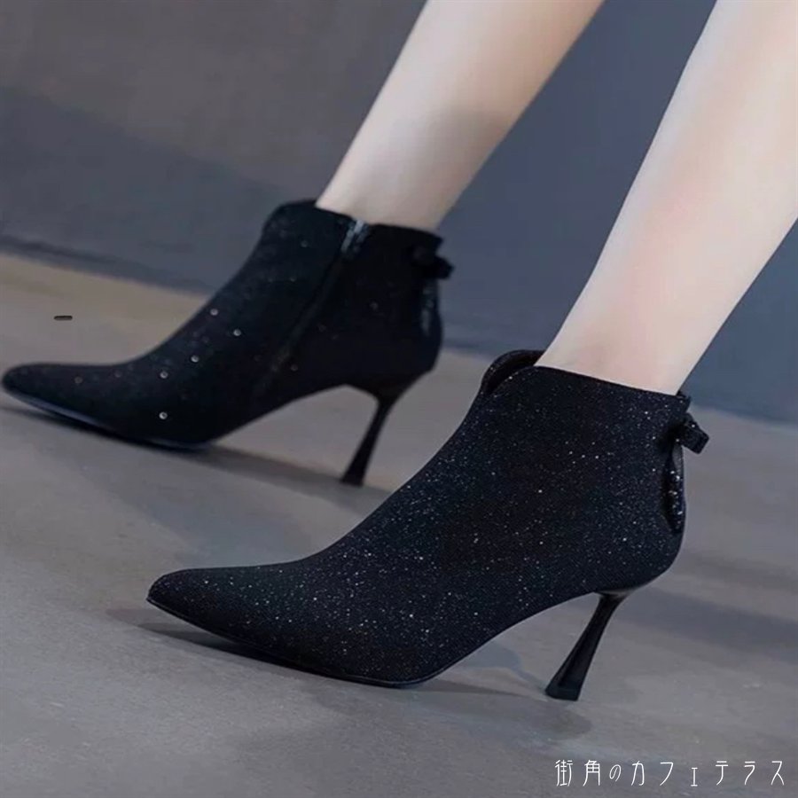 ブーツ 2色 靴 シューズ ハイヒール ポインテットゥ ラメ キラキラ リボン エレガント 可愛い 大人可愛..