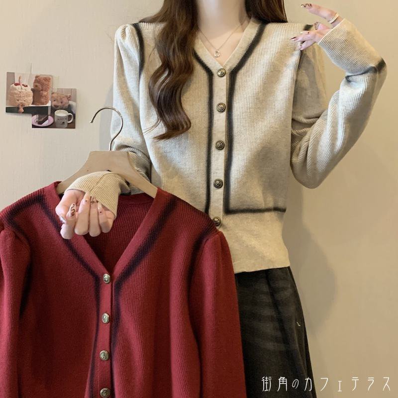 樂天商城 - レディース トップス ニット カーデ カーディガン カラー切り替え Vネック シンプル カジュアル きれいめ こなれ感 体型カバー スタイルアップ 抜け感 大人かわいい 長袖 ベージュ レッド 赤 20代 30代 40代 通勤 通学 オフィス お出掛け 女子会 お呼ばれ 秋冬