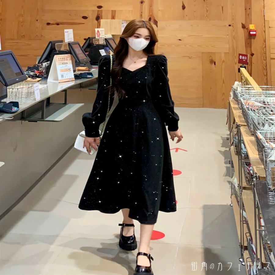 樂天商城 - ロングドレス ワンピース 衣装 ミモレ 長袖 ラウンドネック Aライン フレア キラキラ ラメ グリッター 厚手生地 エレガント 可愛い 大人可愛い きれいめ シンプル カジュアル シック コンサバ 華やか 大人 上品 おしゃれ お洒落 主役級 こなれ感 高見え 高級感 フェミニン