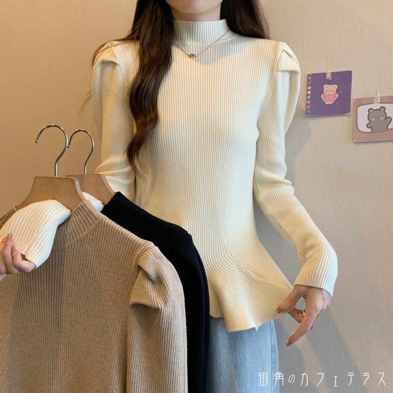 Turtleneck - レディース トップス ニット クルーネック ハイネック フリル ペプラム シンプル カジュアル ふんわり袖 スタイルアップ 体型カバー 大人かわいい こなれ感 長袖 ベージュ ブラック アイボリー 20代 30代 40代 通勤 通学 オフィス お出掛け 女子会 お呼ばれ 秋冬