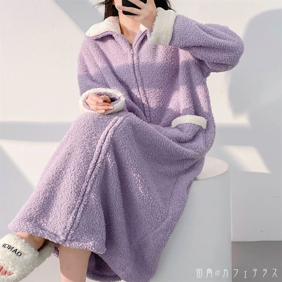 パジャマ 3色 色 ナイトウェア ルームウェア ワンピース ロング マキシ 長袖 ハイネック Aライン フレア ポケット 厚手生地 ふわふわ もこもこ 可愛い 大人可愛い きれいめ シンプル カジュアル おしゃれ お洒落 主役級 こなれ感 無地 冬 レディース 女性用 ママ 10代 20代