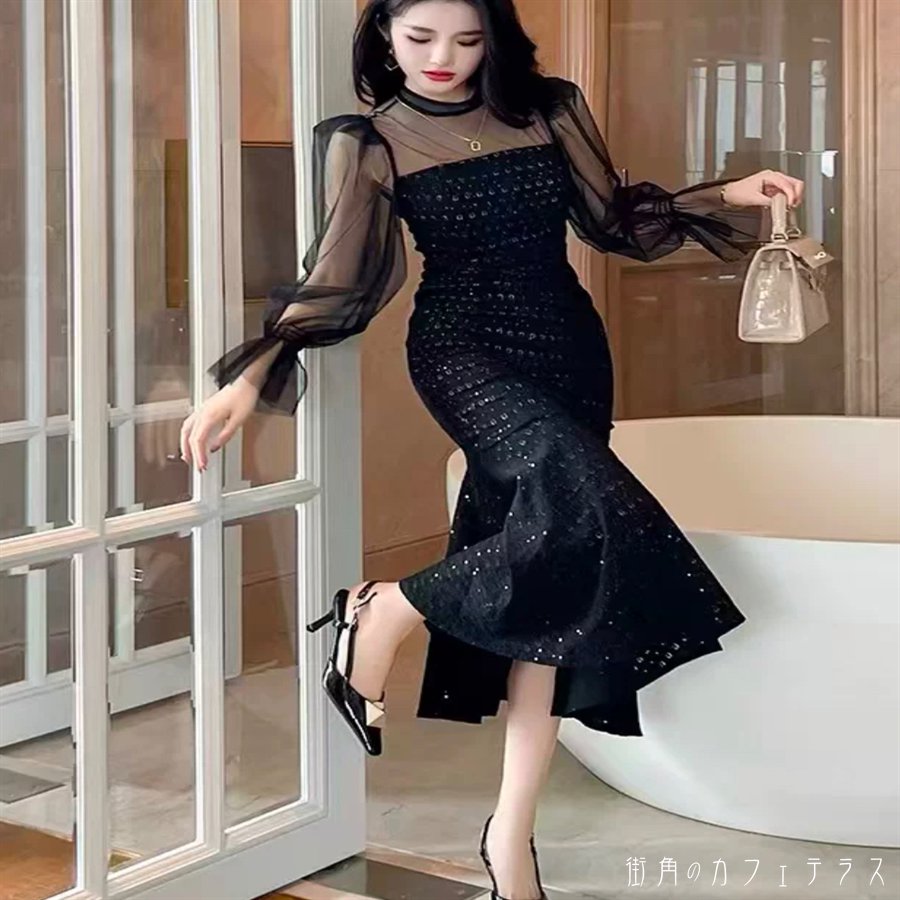 樂天商城 - ロングドレス ワンピース 衣装 マーメイド ミモレ 長袖 ハイネック キラキラ スパンコール Aライン フレア プルオーバー 厚手生地 エレガント 可愛い 大人可愛い きれいめ シンプル カジュアル シック コンサバ 華やか 大人 上品 おしゃれ お洒落 主役級 こなれ感 高見え