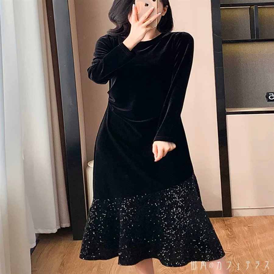 樂天商城 - ロングドレス ワンピース 衣装 ミモレ 長袖 Uネック キラキラ Aライン フレア プルオーバー ベロア ベルベット 厚手生地 エレガント 可愛い 大人可愛い きれいめ シンプル カジュアル シック コンサバ 華やか 大人 上品 おしゃれ お洒落 主役級 こなれ感 高見え 高級感 無地