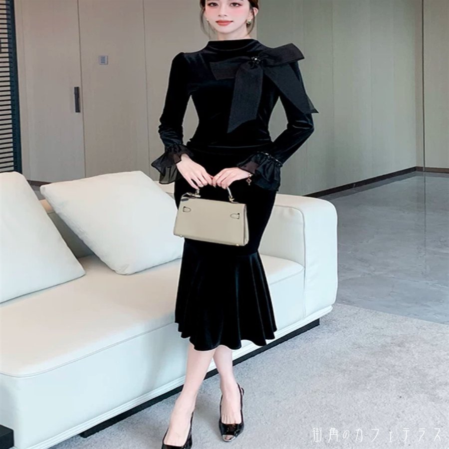 ロングドレス ワンピース 衣装 マーメイド ミモレ 長袖 フレア袖 フレアスリーブ ハイネック Aライン フレア プルオーバー ベルベット 厚手生地 エレガント 可愛い 大人可愛い きれいめ シンプル カジュアル シック コンサバ 華やか 大人 上品 おしゃれ 主役級 こなれ感