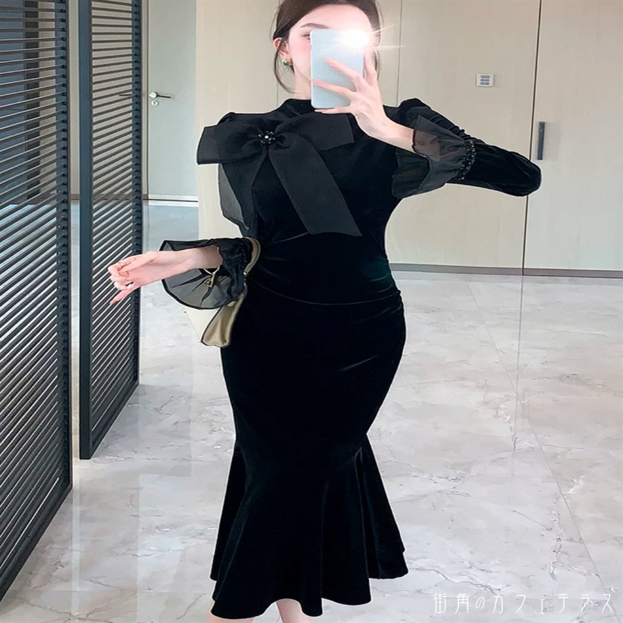 ロングドレス ワンピース 衣装 マーメイド ミモレ 長袖 フレア袖 フレアスリーブ ハイネック Aライン フレア プルオーバー ベルベット 厚手生地 エレガント 可愛い 大人可愛い きれいめ シンプル カジュアル シック コンサバ 華やか 大人 上品 おしゃれ 主役級 こなれ感