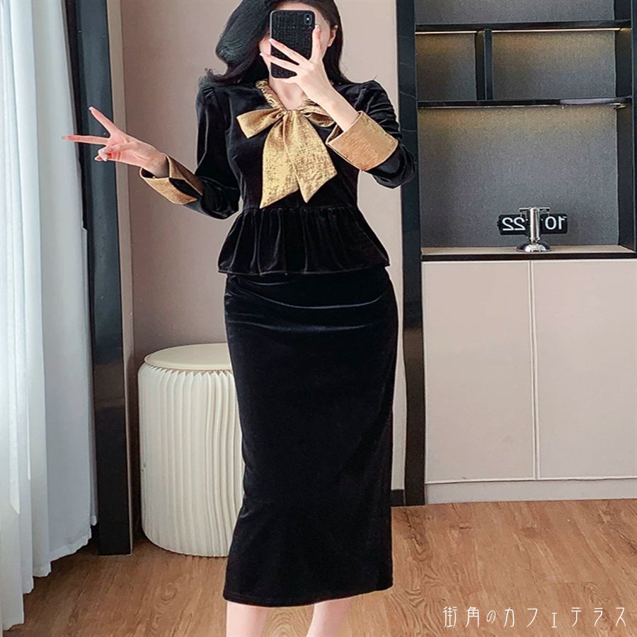 樂天商城 - ロングドレス ワンピース 衣装 ペンシルスカート マキシ ミモレ 長袖 Vネック Iライン ベロア ベルベット 厚手生地 エレガント 可愛い 大人可愛い きれいめ シンプル カジュアル シック コンサバ 華やか 大人 上品 おしゃれ お洒落 主役級 こなれ感 高見え 高級感 フェミニン
