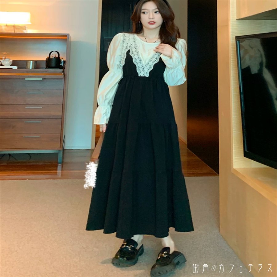 樂天商城 - ロングワンピ 2点セット 大きい ゆる 長袖 ハイネック Aライン フレア プルオーバー フリル レース 可愛い 大人可愛い きれいめ シンプル カジュアル コンサバ 華やか 大人 上品 おしゃれ お洒落 レトロ 主役級 こなれ感 高見え フェミニン ガーリー 無地 春 レディース
