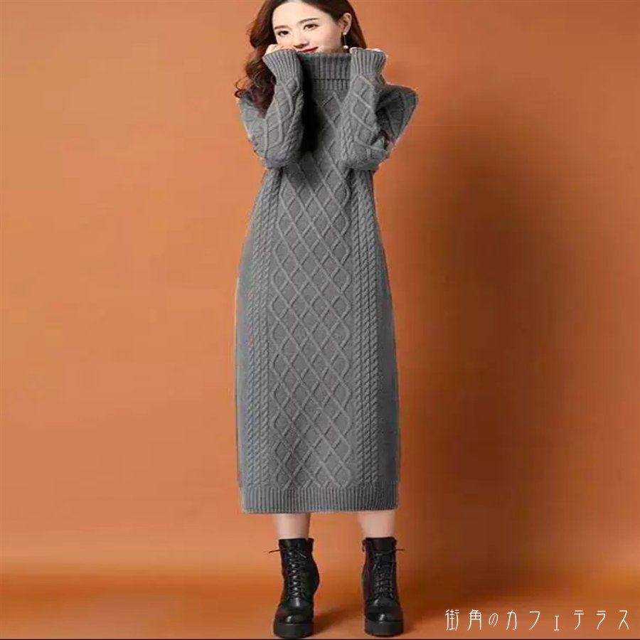 樂天商城 - ロングワンピ 6色 ニットワンピース マキシ ミモレ 大きい ゆる 長袖 タートルネック Aライン フレア プルオーバー 厚手生地 ニット ケーブルニット かぎ編み もこもこ 可愛い 大人可愛い きれいめ シンプル カジュアル シック コンサバ こなれ感 ガーリー 無地 冬