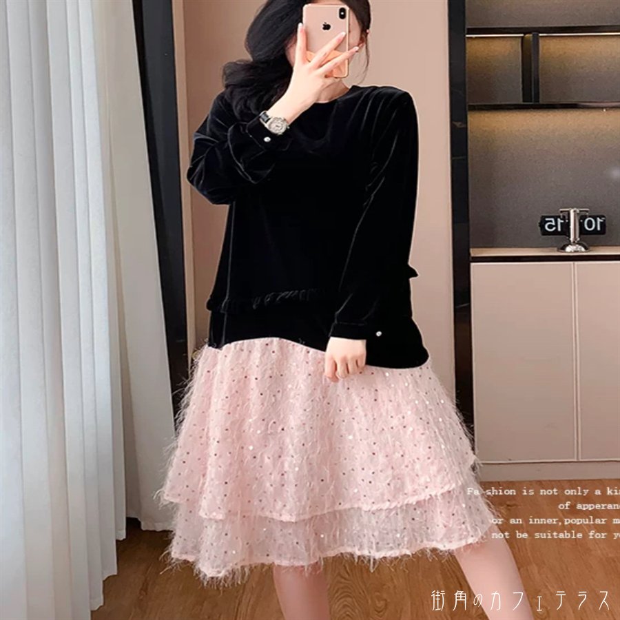 樂天商城 - ロングワンピ ひざ丈 ミモレ 大きい ゆったり ゆる オーバーサイズ プラスサイズ ぽっちゃり 長袖 Uネック Aライン フレア プルオーバー ティアードフリル 異素材切り替え エレガント 可愛い 大人可愛い きれいめ シンプル カジュアル シック コンサバ 華やか 大人 上品