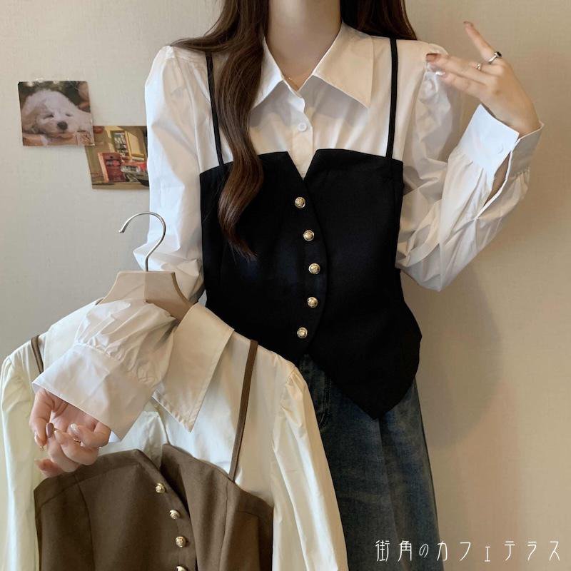 レディース トップス ブラウス ふんわり袖 フェイクレイヤード ドッキング 素材組み合わせ 重ね着風 スタイルアップ 体型カバー シンプル カジュアル 大人かわいい こなれ感 長袖 ブラウン ブラック 黒 20代 30代 40代 通勤 通学 オフィス お出掛け 女子会 お呼ばれ 秋冬