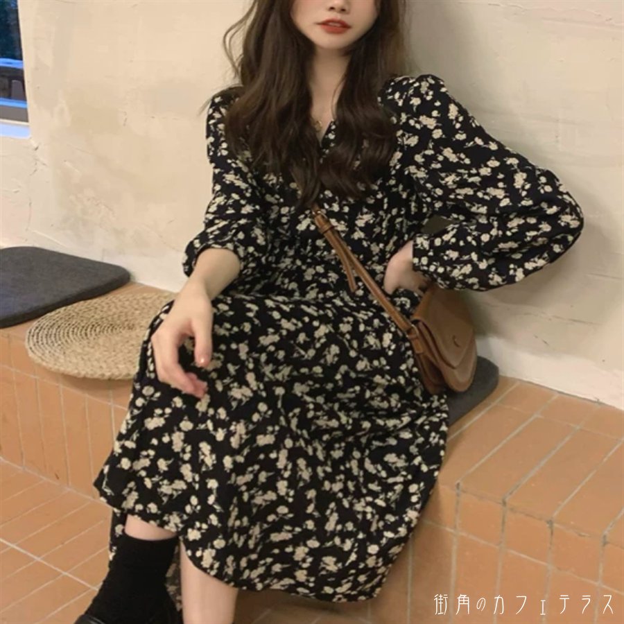 ロングワンピ ミモレ 長袖 Vネック Aライン フレア プルオーバー 薄手生地 エレガント 可愛い 大人可愛い きれいめ シンプル カジュアル シック コンサバ 華やか 大人 上品 おしゃれ お洒落 主役級 こなれ感 高見え 高級感 フェミニン ガーリー 花柄 春 レディース 女性用