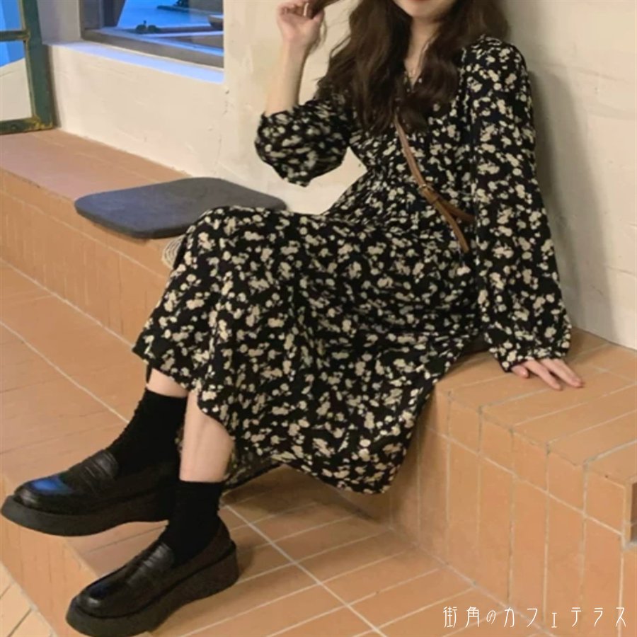 ロングワンピ ミモレ 長袖 Vネック Aライン フレア プルオーバー 薄手生地 エレガント 可愛い 大人可愛い きれいめ シンプル カジュアル シック コンサバ 華やか 大人 上品 おしゃれ お洒落 主役級 こなれ感 高見え 高級感 フェミニン ガーリー 花柄 春 レディース 女性用