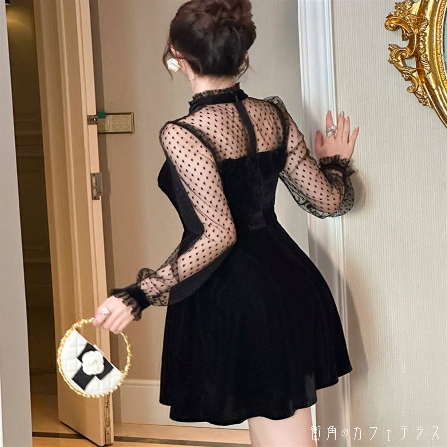 ミニドレス 衣装 Aライン フレア プルオーバー 長袖 ハイネック 襟付き 異素材切り替え ドッキング 透け感 シースルー ボタン ベロア ベルベット エレガント 可愛い 大人可愛い きれいめ シンプル カジュアル シック コンサバ 華やか 大人 上品 おしゃれ お洒落 主役級