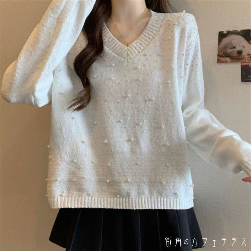 V-Neck - セーター トップス ロング丈 ゆったり ゆる 長袖 Vネック Aライン フレア プルオーバー 装飾 飾り 無地 かわいい 大人可愛い 大人女子 こなれ感 シンプル カジュアル 大人 上品 おしゃれ お洒落 ラフ コンサバ フェミニン ガーリー デート お出かけ お茶会 女子会 休日