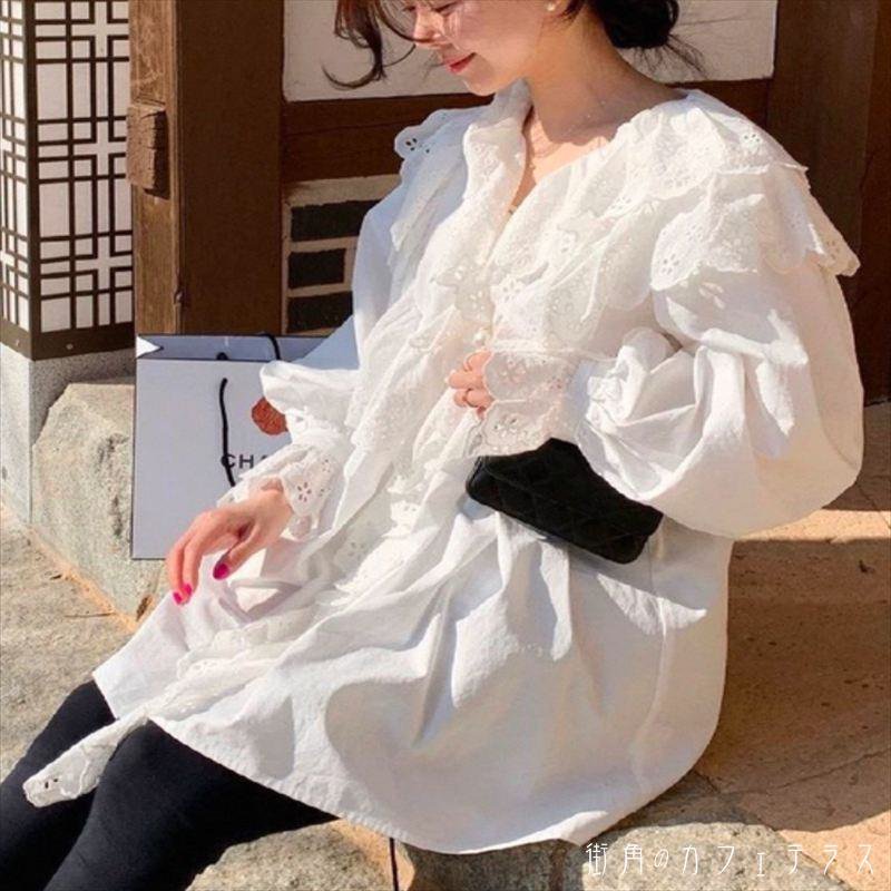 Long-Sleeved - ブラウス デコラティブ ロング丈 チュニック 長袖 Vネック Aライン フレア フリル レース 薄手生地 無地 かわいい 大人可愛い 大人女子 こなれ感 シンプル カジュアル 大人 上品 おしゃれ お洒落 ラフ コンサバ エレガント フェミニン ガーリー デート お出かけ お茶会