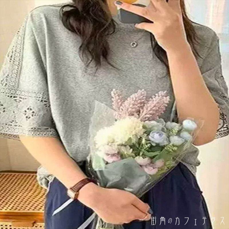 樂天商城 - Tシャツ 3色 ロング丈 大きい フリーサイズ ゆったり ゆる オーバーサイズ 長袖 Uネック Aライン フレア プルオーバー レース 花柄 かわいい 大人可愛い 大人女子 こなれ感 シンプル カジュアル 大人 上品 おしゃれ お洒落 ラフ コンサバ フェミニン デート お出かけ お茶会