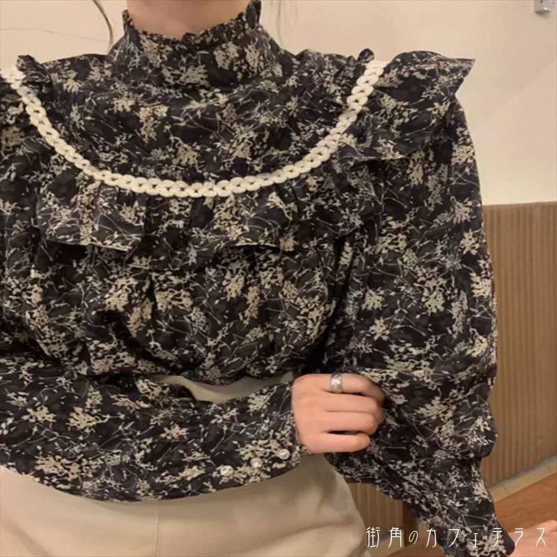 樂天商城 - ブラウス デコラティブ 長袖 ハイネック Aライン フレア プルオーバー 薄手生地 小花柄 かわいい 大人可愛い 大人女子 こなれ感 シンプル カジュアル 大人 上品 おしゃれ お洒落 ラフ コンサバ エレガント フェミニン ガーリー シック デート お出かけ お茶会 女子会 休日