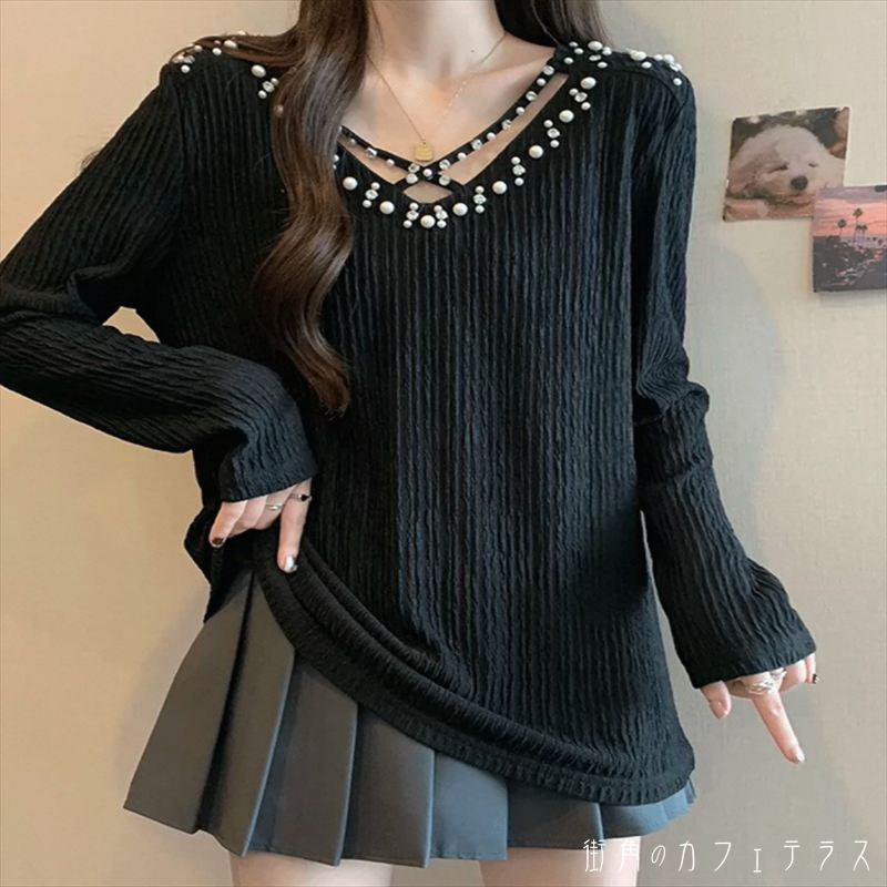 樂天商城 - Tシャツ 2色 ロング丈 長袖 Vネック Aライン フレア プルオーバー ビジュー装飾 パール 無地 かわいい 大人可愛い 大人女子 こなれ感 シンプル カジュアル 大人 上品 おしゃれ お洒落 ラフ コンサバ エレガント シック デート お出かけ お茶会 女子会 休日 授業参観 春 30代
