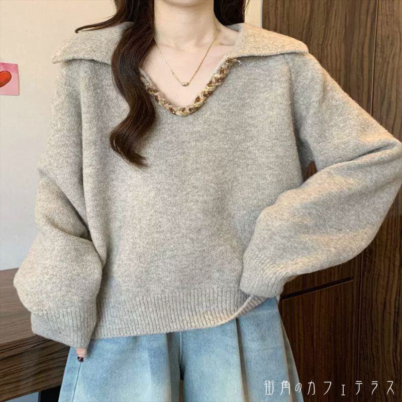 Other - セーター 2色 トップス ロング丈 大きい ゆったり ゆる 長袖 Vネック 襟付き Aライン フレア プルオーバー ニット 厚手生地 無地 かわいい 大人可愛い 大人女子 こなれ感 シンプル カジュアル 大人 上品 おしゃれ お洒落 ラフ コンサバ デート お出かけ お茶会 女子会 休日