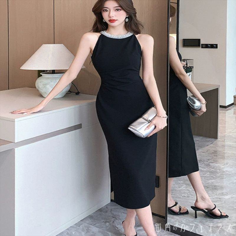 ロングドレス 衣装 ペンシル マキシ ミモレ Aライン フレア プルオーバー ノースリーブ クルーネック ネックレス風 キラキラ ビジュー エレガント 可愛い 大人可愛い きれいめ シンプル カジュアル シック コンサバ 華やか 大人 上品 おしゃれ お洒落 主役級 こなれ感 高見え