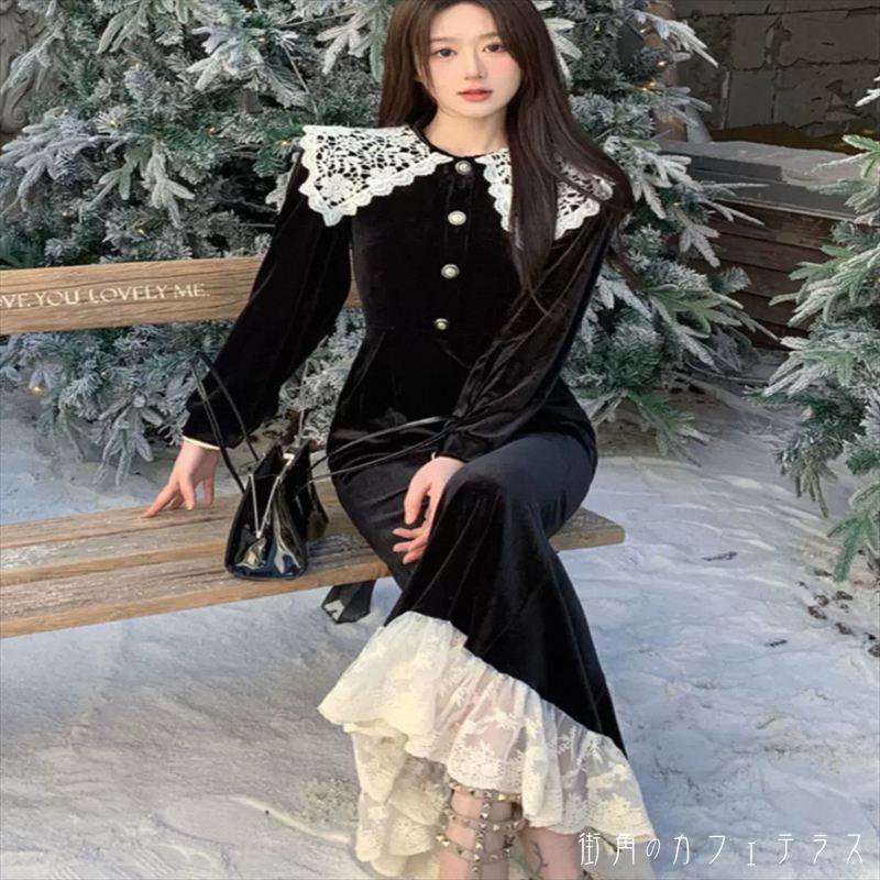 樂天商城 - ロングドレス 衣装 マーメイド マキシ Aライン フレア プルオーバー 長袖 Vネック レース 異素材切り替え ドッキング ボタン エレガント 可愛い 大人可愛い きれいめ シンプル カジュアル シック コンサバ 華やか 大人 上品 おしゃれ お洒落 レトロ 主役級 こなれ感 高見え