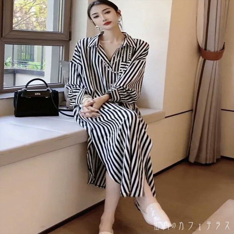 樂天商城 - ロングワンピ マキシ 大きい ゆったり ゆる オーバーサイズ プラスサイズ 長袖 Vネック 襟付き Aライン フレア プルオーバー 薄手生地 可愛い 大人可愛い きれいめ シンプル カジュアル コンサバ 華やか 大人 上品 おしゃれ お洒落 主役級 こなれ感 高見え ストライプ柄