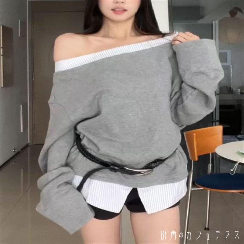 樂天商城 - Tシャツ トップス ロング丈 ゆる 長袖 オフショルダー Aライン フレア プルオーバー 異素材切り替え ドッキング 重ね着 レイヤード 無地 かわいい 大人可愛い 大人女子 こなれ感 シンプル カジュアル 大人 おしゃれ お洒落 ラフ コンサバ ガーリー デート お出かけ お茶会