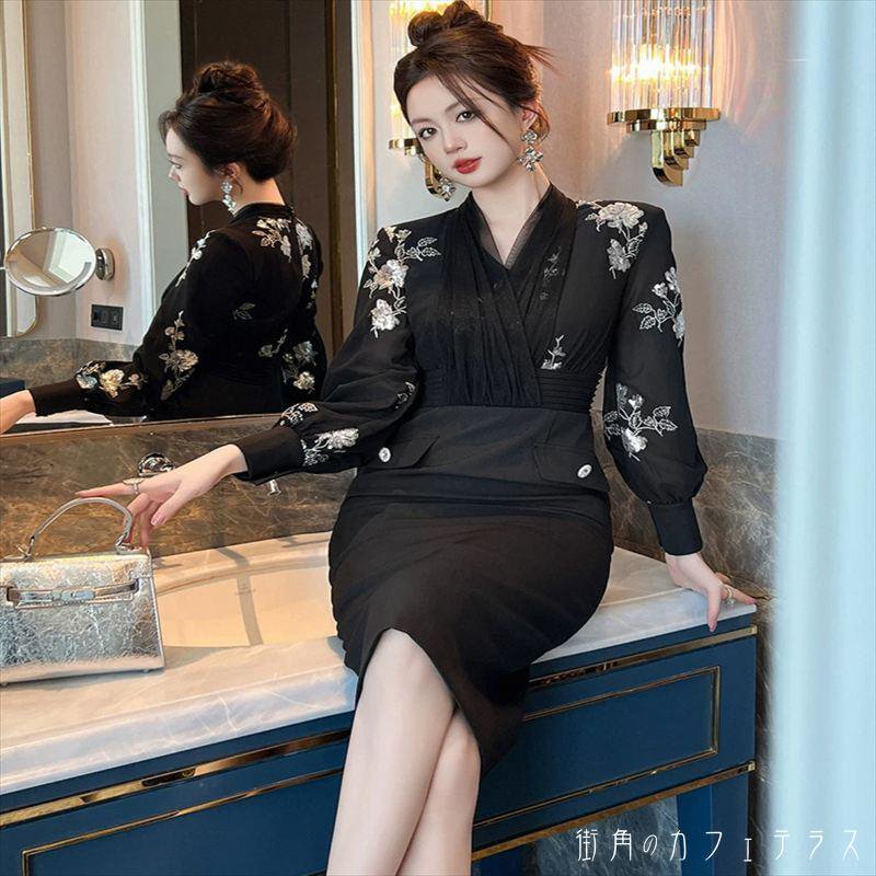 ロングドレス 衣装 ひざ丈 Iライン プルオーバー 長袖 Vネック 薄手生地 エレガント 可愛い 大人可愛い きれいめ シンプル カジュアル シック コンサバ 華やか 大人 上品 おしゃれ お洒落 主役級 こなれ感 高見え 高級感 花柄 刺繍 春 30代 40代 レディース 女性用 入学式 入園式 結婚式 二次会 パーティ 演奏会 フォーマル ファッション コーデ スタイル 楽ちん 体型カバー 美脚 脚長 定番 垢抜け 存在感 ブラック 大人カラー モノトーンLINE友だち登録はコチラから &gt&gt花柄刺繍のロングドレスシルエットを綺麗に見せてくれるペンシルスカートタイプですデートにもパーティにも使える品のあるアイテム♪【カラー】ブラック【サイズ】S　M　Lサイズ：（cm） S：肩幅35 /バスト82 /ウエスト66 /袖55 /着丈106 M：肩幅36 /バスト86 /ウエスト70 /袖56 /着丈107 L：肩幅37 /バスト90 /ウエスト74 /袖57 /着丈108モデル：165cm、47kg、Sサイズ着用 【商品について】・お手持ちのパソコン・スマホの画面により商品のお色に若干の差がございます。・サイズは買付け先の生産表記ですが測り方により1-3cmほど誤差がある場合がございます。・ノーブランド商品はタグや洗濯表示がないものもあります。【納期について】・2週間-3週間【返品について】・サイズ交換、お色交換などの返品、交換は行っておりませんのでサイズは十分にお確かめの上、ご購入をお願いいたします。・海外製品は日本のものに比べて縫製が粗い場合がございます。糸の始末が悪い、ファスナーが上がりにくい、ボタンのつけ方が甘いということは海外基準では返品対象となりませんのでご理解お願いいたします。【商品コード】 DR-2786