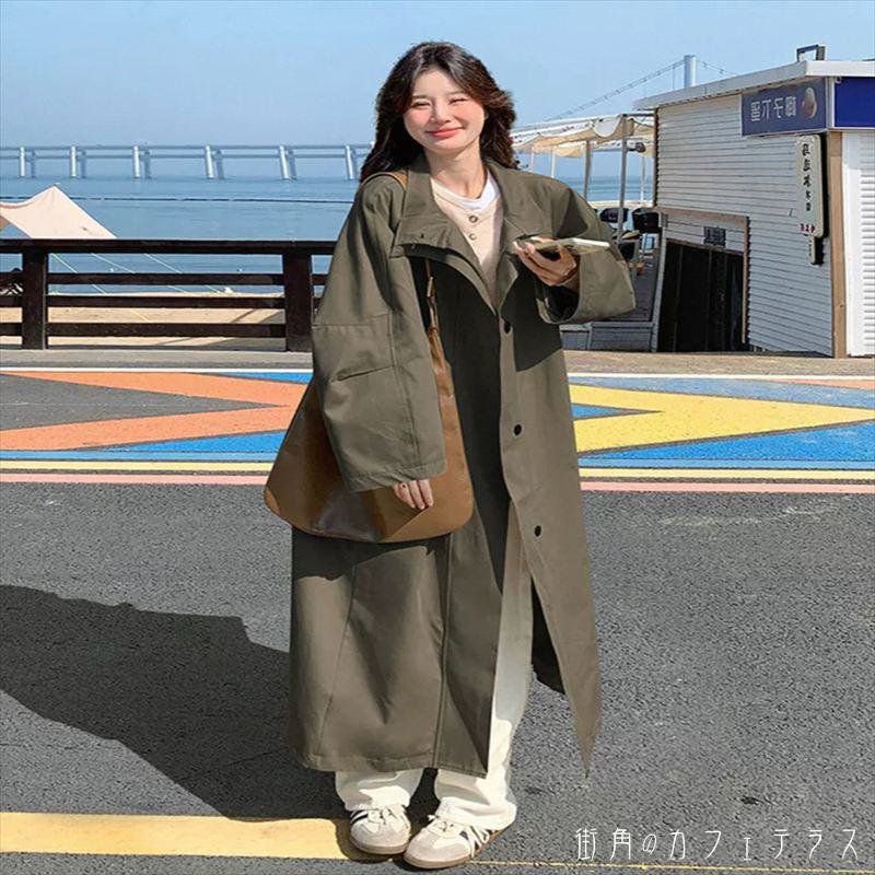 トレンチコート チェスターコート 2色 アウター 羽織り ロング マキシ丈 長袖 Vネック 襟付き フレア Aライン ボタン カーキ ブラウン くすみカラー 大人カラー ベイクドカラー ニュアンスカラー 薄手生地 かわいい 大人可愛い 綺麗 シンプル カジュアル 大人 上品 おしゃれ