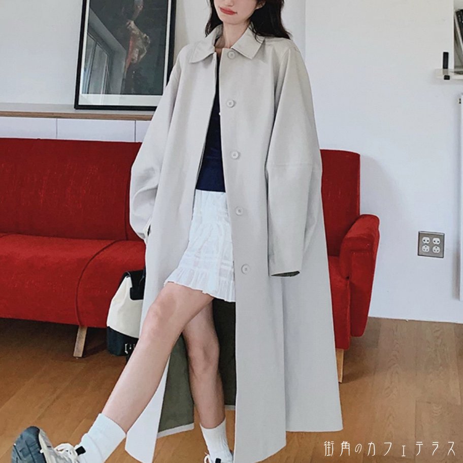トレンチコート チェスターコート アウター 羽織り ロング ミモレ丈 長袖 Vネック 襟付き フレア Aライン ボタン ポケット ベージュ 大人カラー 春カラー ニュアンスカラー 薄手生地 かわいい 大人可愛い 綺麗 シンプル カジュアル 大人 上品 おしゃれ お洒落 大人女子