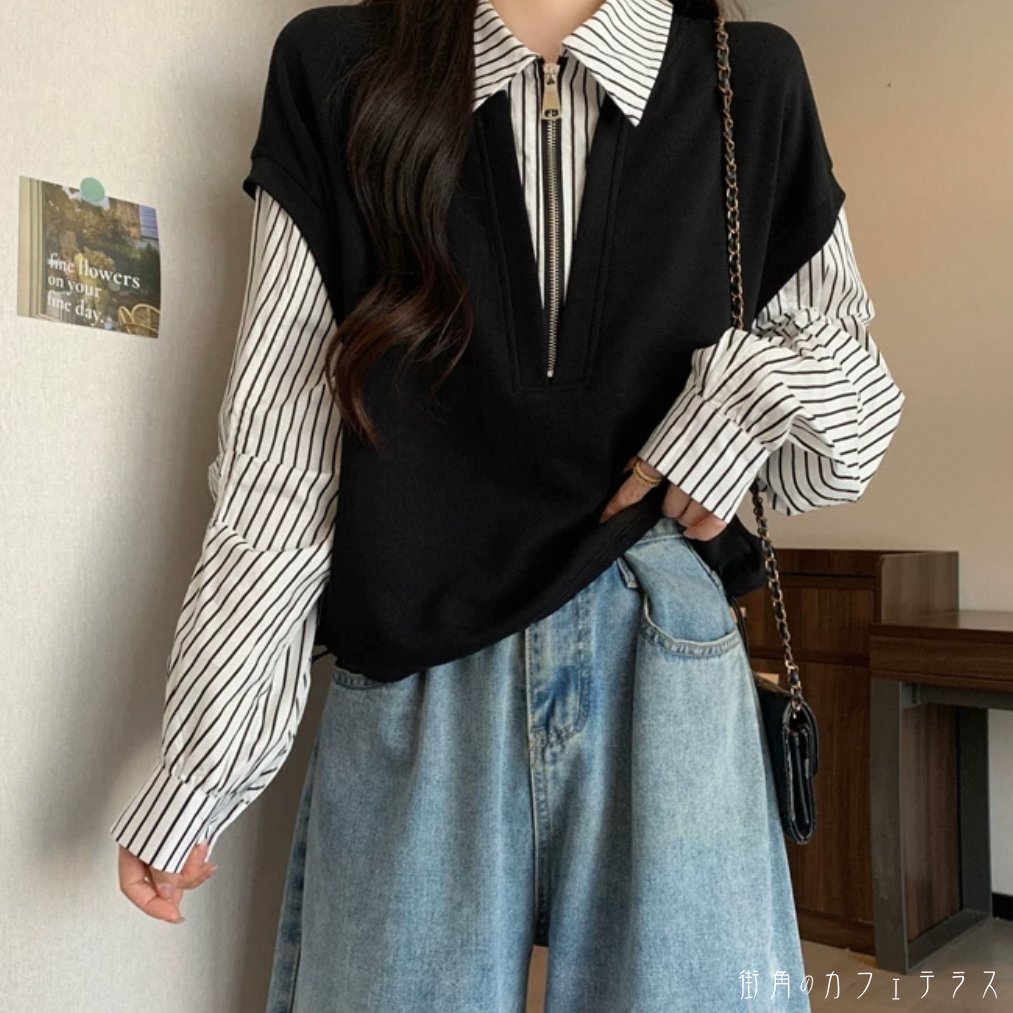 V-Neck - セーター 2色 トップス 長袖 Vネック 襟付き Aライン フレア プルオーバー ファスナー 厚手生地 しましま ストライプ柄 かわいい 大人可愛い 大人女子 こなれ感 シンプル カジュアル 大人 上品 おしゃれ お洒落 ラフ コンサバ ガーリー デート お出かけ お茶会 女子会 休日