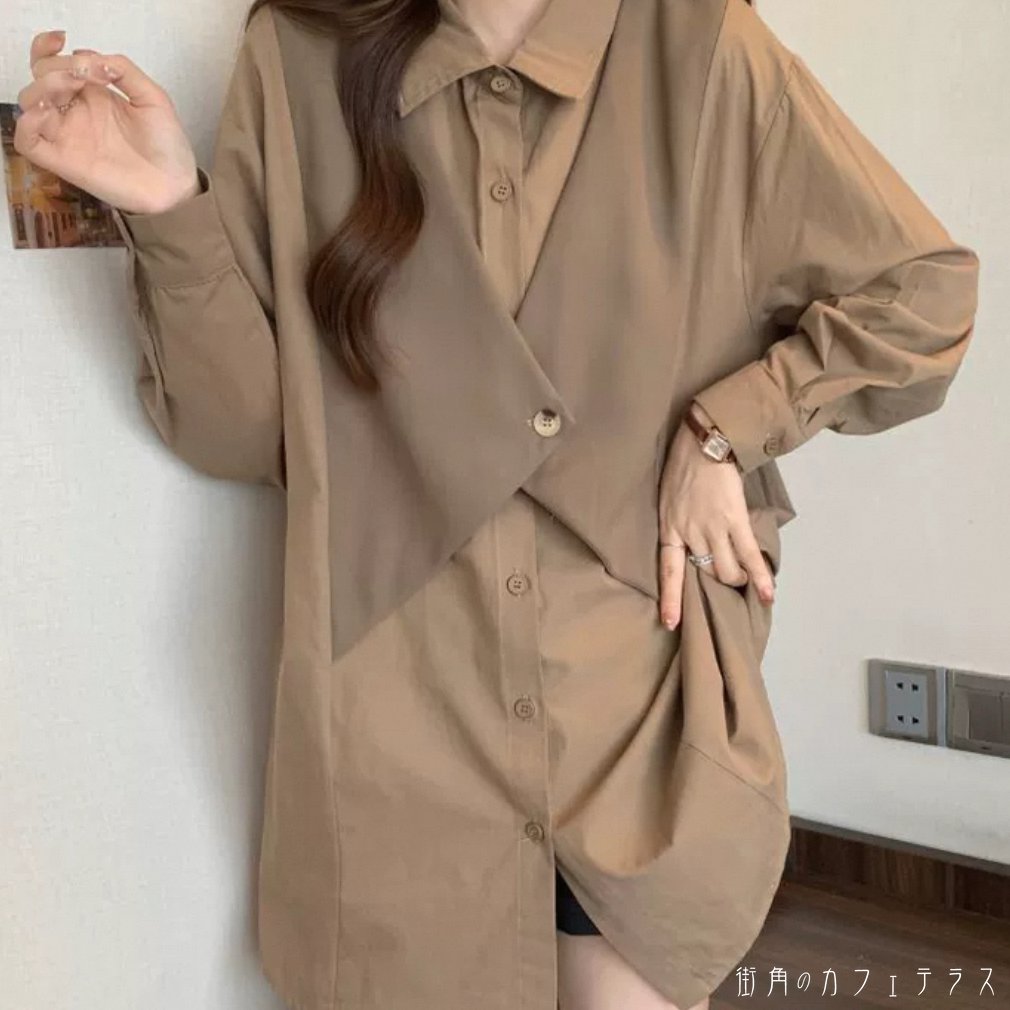 樂天商城 - ブラウス 2色 トップス ロング丈 チュニック ゆったり 長袖 Vネック 襟付き Aライン フレア ボタン 厚手生地 無地 かわいい 大人可愛い 大人女子 こなれ感 シンプル カジュアル 大人 上品 おしゃれ お洒落 ラフ コンサバ デート お出かけ お茶会 女子会 休日 授業参観 春 秋