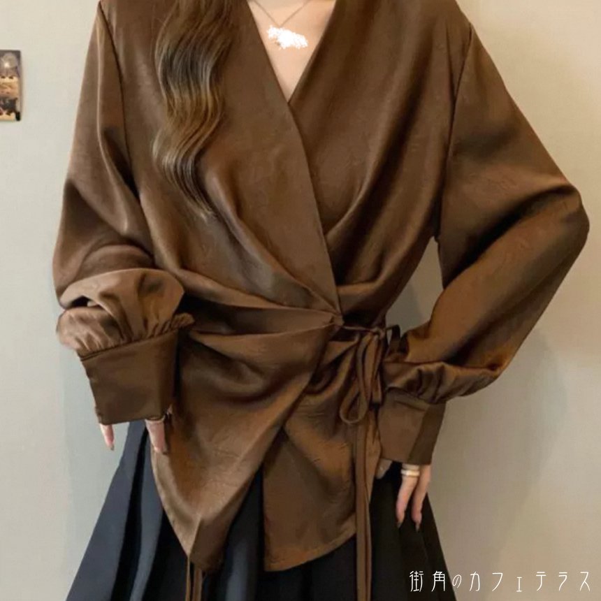 Long-Sleeved - ブラウス 2色 トップス ゆる 長袖 Vネック Aライン フレア プルオーバー リボン タッグ くしゅくしゅ感 薄手生地 無地 かわいい 大人可愛い 大人女子 こなれ感 シンプル カジュアル 大人 上品 おしゃれ お洒落 ラフ コンサバ エレガント シック デート お出かけ お茶会