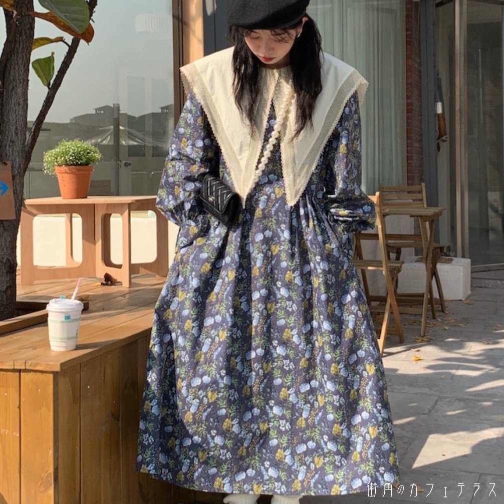 ロングワンピ マキシ ゆったり 長袖 襟付き Aライン Iライン プルオーバー 大きめ襟 セーラー服風 薄手生地 可愛い 大人可愛い きれいめ シンプル カジュアル コンサバ 華やか 大人 上品 おしゃれ お洒落 レトロ 主役級 こなれ感 高見え フェミニン ガーリー 花柄 春