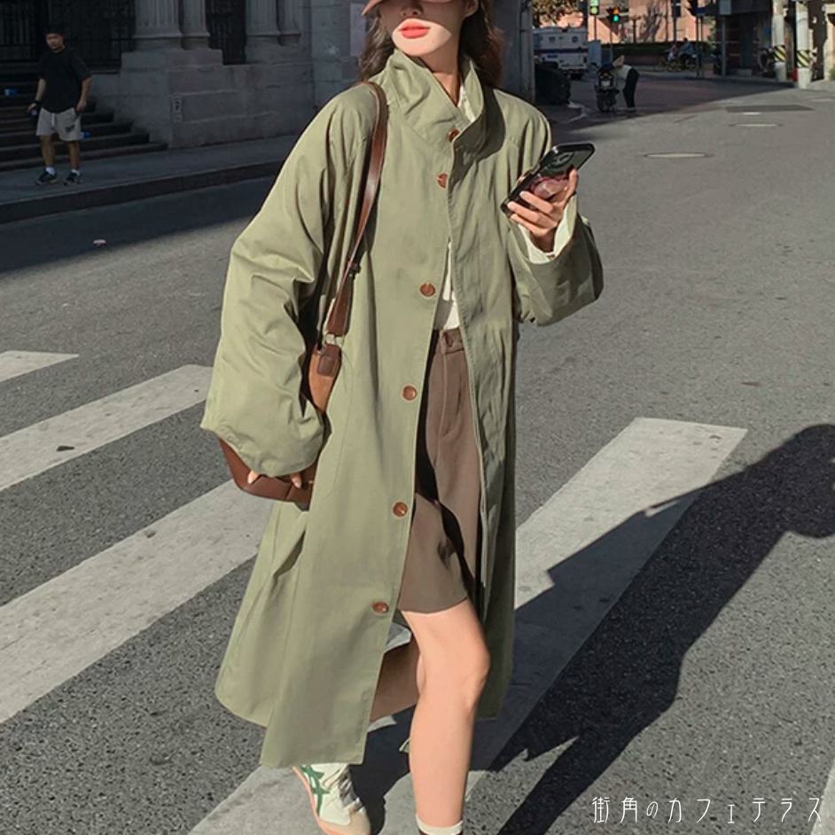 トレンチコート チェスターコート ロングコート アウター 羽織り ロング マキシ丈 長袖 フレア Aライン ボタン カーキ くすみカラー 大人カラー 秋カラー ニュアンスカラー 薄手生地 かわいい 大人可愛い 綺麗 シンプル カジュアル 大人 上品 おしゃれ お洒落 大人女子
