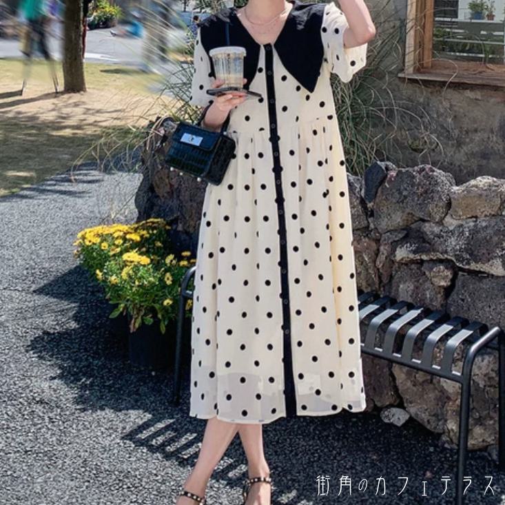 樂天商城 - ロングワンピ ミモレ ゆったり 半袖 Vネック 襟付き Aライン フレア プルオーバー 透け感 シースルー 薄手生地 エレガント 可愛い 大人可愛い きれいめ シンプル カジュアル シック コンサバ 華やか 大人 上品 おしゃれ お洒落 主役級 こなれ感 フェミニン ガーリー ドット柄